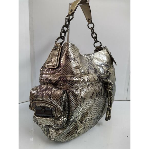 Coach Kristin Gray Leather Snakeskin Printed Chain Strap Hobo Shoulder Bag - Picture 3 of 12